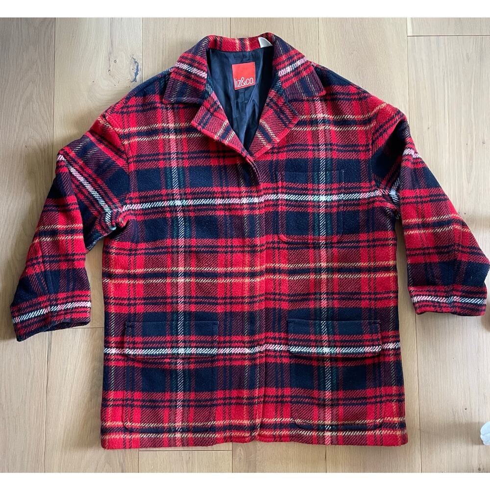 Liz & Co. Car Coat L Wool Blend Plaid